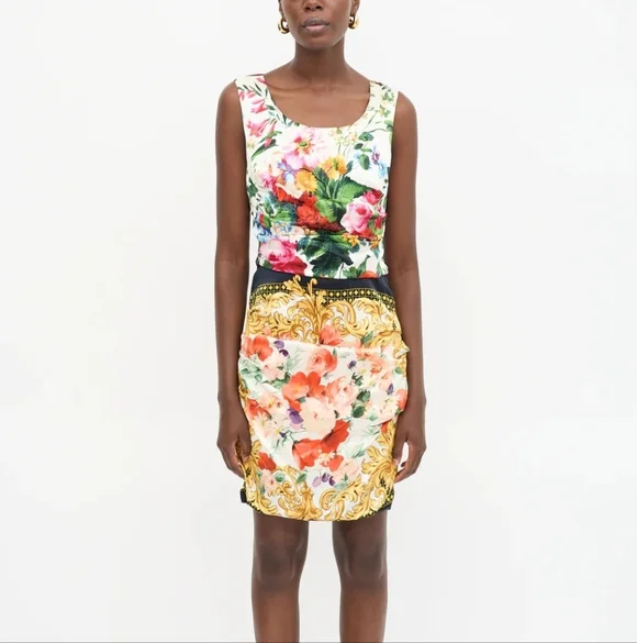 Dolce & Gabbana Silk Floral Bouquet Iconic Sleeveless Rouched Dress - Picture 2 of 15